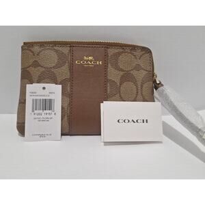 Coach Signature PVC Leather Corner Zip Wristlet Khaki Saddle